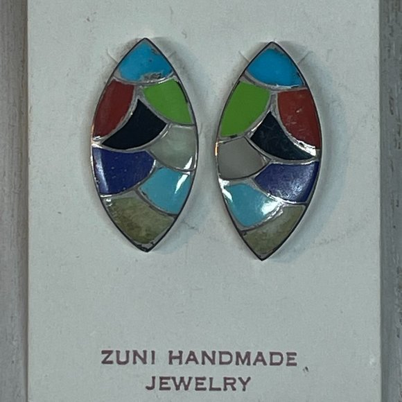 ZUNI NATIVE AMERICAN Handmade Beautiful Gemstone Inlay Elliptical Shape Earrings - Picture 1 of 7